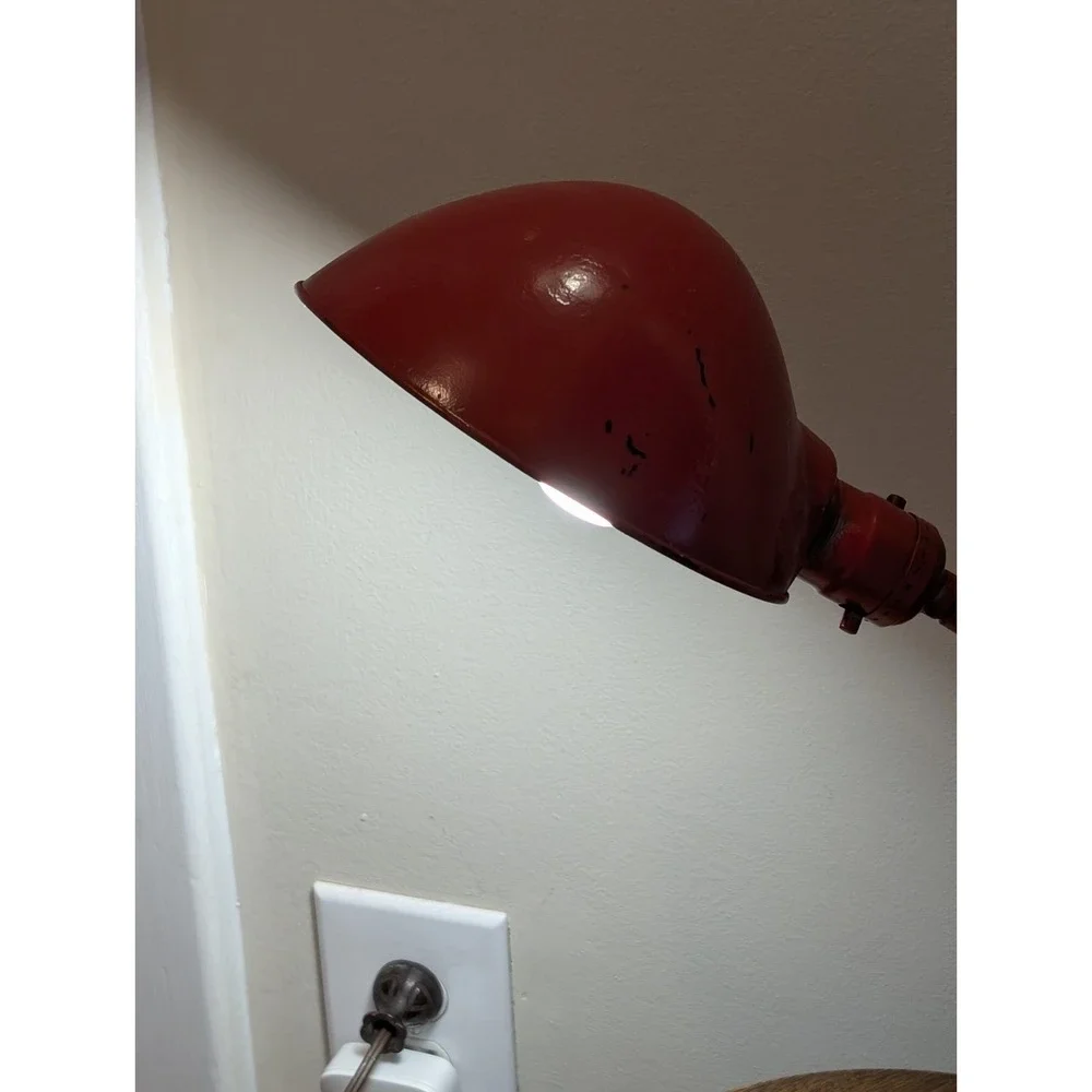Vintage Art Deco Gooseneck Desk Lamp Cast Iron Shell Base Industrial Red 1920-30